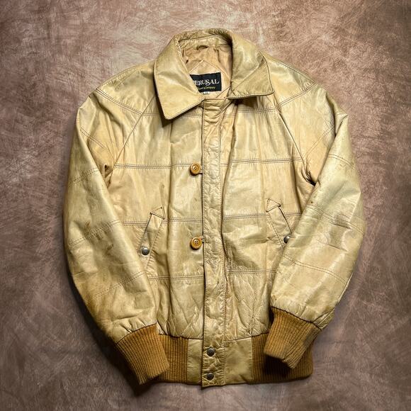 Perusal by Gruner & Company Vintage 80s Leather Bomber Jacket Distressed Tan Zip - Picture 13 of 13